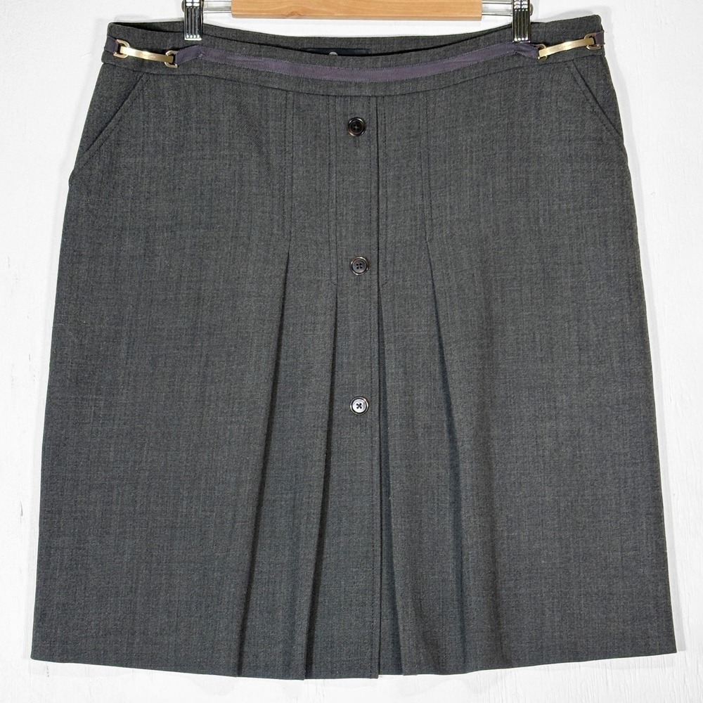 Rena Lange‎ Gray Equestrian Pleated Button Front Skirt Womens 14 Minimalist Wool
